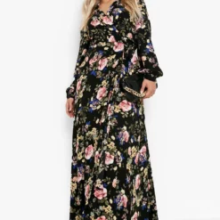 Grande Taille - Robe Cache-cœur Longue à Imprimé Fleuri -Pas Cher Vêtue Diva Magasin pzz10771 black xl 2