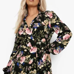 Grande Taille - Robe Cache-cœur Longue à Imprimé Fleuri -Pas Cher Vêtue Diva Magasin pzz10771 black xl 3