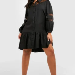 Grande Taille - Robe Chemise Contrastée Avec Organza -Pas Cher Vêtue Diva Magasin pzz59852 black xl 2