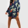 Grande Taille - Robe Chemise Satinée à Imprimé Fleuri -Pas Cher Vêtue Diva Magasin pzz59880 navy xl