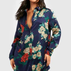 Grande Taille - Robe Chemise Satinée à Imprimé Fleuri -Pas Cher Vêtue Diva Magasin pzz59880 navy xl 2