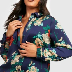 Grande Taille - Robe Chemise Satinée à Imprimé Fleuri -Pas Cher Vêtue Diva Magasin pzz59880 navy xl 3