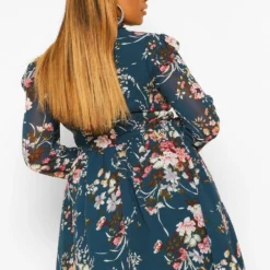 Grande Taille - Robe Patineuse Fleurie à Découpe Et Col Montant -Pas Cher Vêtue Diva Magasin pzz59906 teal xl 1