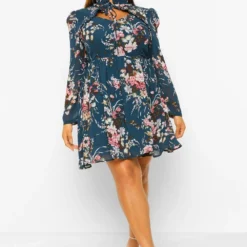 Grande Taille - Robe Patineuse Fleurie à Découpe Et Col Montant -Pas Cher Vêtue Diva Magasin pzz59906 teal xl 2