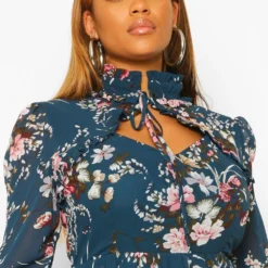 Grande Taille - Robe Patineuse Fleurie à Découpe Et Col Montant -Pas Cher Vêtue Diva Magasin pzz59906 teal xl 3