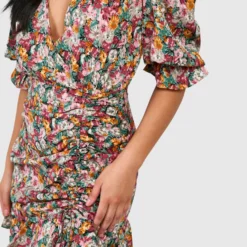 Petite - Robe Cache-cœur Froncée à Imprimé Fleuri -Pas Cher Vêtue Diva Magasin pzz60265 black xl 3 scaled