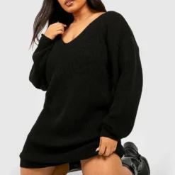 BOOHOO Grande Taille - Robe Pull Courte à Col En V -Pas Cher Vêtue Diva Magasin pzz60883 black xl 2