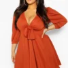 Grande Taille - Robe Patineuse Nouée -Pas Cher Vêtue Diva Magasin pzz61056 rust xl