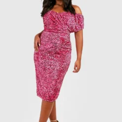 Grande Taille - Robe Cache-cœur Pailletée Mi-longue à épaules Dénudées