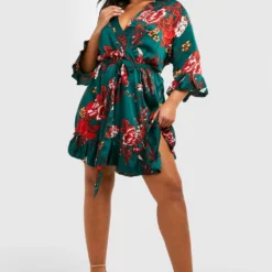 Grande Taille - Robe Cache-cœur à Ceinture Et Motif Fleuri -Pas Cher Vêtue Diva Magasin pzz62006 green xl 2