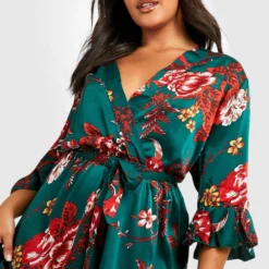 Grande Taille - Robe Cache-cœur à Ceinture Et Motif Fleuri -Pas Cher Vêtue Diva Magasin pzz62006 green xl 3