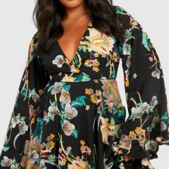 Grande Taille - Robe Patineuse à Manches Larges Et Motif Cachemire Fleuri 8 Grande Taille - Robe Patineuse à Manches Larges Et Motif Cachemire Fleuri -Pas Cher Vêtue Diva Magasin pzz62217 black xl 2