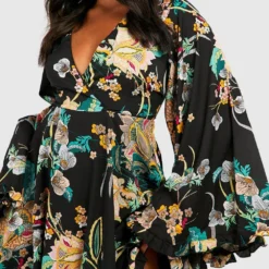 Grande Taille - Robe Patineuse à Manches Larges Et Motif Cachemire Fleuri 9 Grande Taille - Robe Patineuse à Manches Larges Et Motif Cachemire Fleuri -Pas Cher Vêtue Diva Magasin pzz62217 black xl 3
