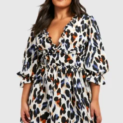 Grande Taille - Robe Patineuse Satinée Imprimé Léopard à Volants