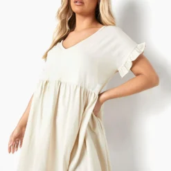 Grande Taille - Robe Smockée Volantée à Col En V -Pas Cher Vêtue Diva Magasin pzz65611 stone xl 2