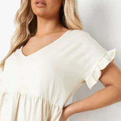 Grande Taille - Robe Smockée Volantée à Col En V -Pas Cher Vêtue Diva Magasin pzz65611 stone xl 3