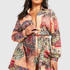 Grande Taille - Robe Chemise à Manches Longues Et Imprimé Cachemire