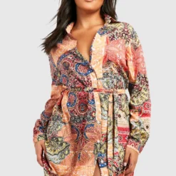 Grande Taille - Robe Chemise à Manches Longues Et Imprimé Cachemire -Pas Cher Vêtue Diva Magasin pzz66526 orange xl 2 scaled