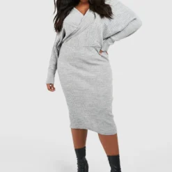 Grande Taille - Robe Mi-longue Portefeuille En Maille -Pas Cher Vêtue Diva Magasin pzz67362 grey xl 2