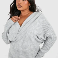 Grande Taille - Robe Mi-longue Portefeuille En Maille -Pas Cher Vêtue Diva Magasin pzz67362 grey xl 3