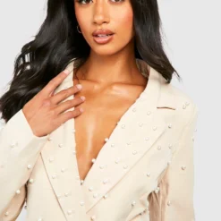 Petite - Robe Blazer à Détails Perlés -Pas Cher Vêtue Diva Magasin pzz69562 nude xl 3