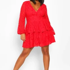 Grande Taille - Robe Patineuse En Dentelle à Décolleté Plongeant -Pas Cher Vêtue Diva Magasin pzz70363 red xl 3