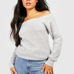 Petite - Robe Pull Gaufrée à épaules Dénudées -Pas Cher Vêtue Diva Magasin pzz77782 grey xl 2