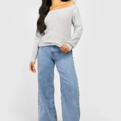 Petite - Robe Pull Gaufrée à épaules Dénudées -Pas Cher Vêtue Diva Magasin pzz77782 grey xl 3