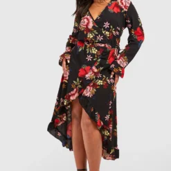 Grande Taille - Robe Mi-longue Cache-cœur à Imprimé Fleuri -Pas Cher Vêtue Diva Magasin pzz85657 black xl 2