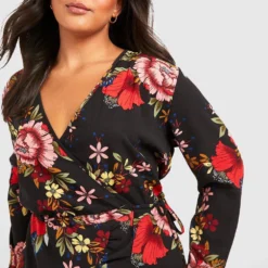 Grande Taille - Robe Mi-longue Cache-cœur à Imprimé Fleuri -Pas Cher Vêtue Diva Magasin pzz85657 black xl 3