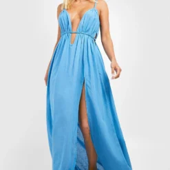 BOOHOO Robe De Plage Effet Lin à Découpes -Pas Cher Vêtue Diva Magasin szz01204 light20blue xl 2