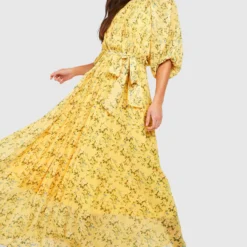 Tall - Robe Mi-longue Fleurie à Manches Bouffantes -Pas Cher Vêtue Diva Magasin tzz02238 yellow xl 2 scaled